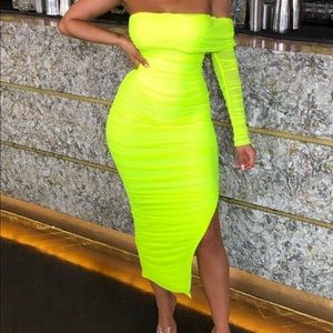 Neon Green Side Split Midi Dress